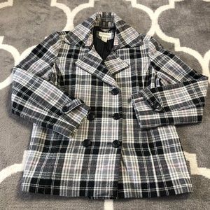 Charles Klein Pea Coat Womens XL Wool Blend Plaid Black Gray